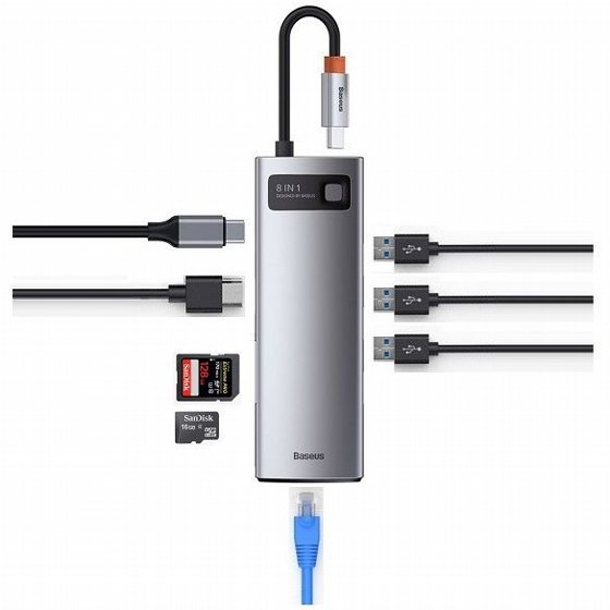 ���� 8 � 1 ������ TYPE C ������ HDMI + ����� RJ45 + ����� TYPE C + ����� USB 3.0*3 + ���� ����� SD + ���� ����� Micro SD ���� BASEUS