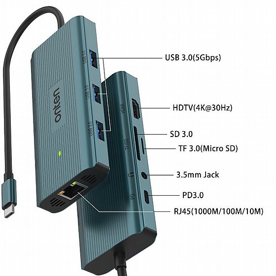 ���� ������ TYPE-C ������ HDMI + ����� USB 3.0 x 4 + ����� TYPE-C + ����� RJ45 + ����� 3.5mm + ����� ������ ������ SD / Micro SD + ����� 3.5mm ���� Onten 